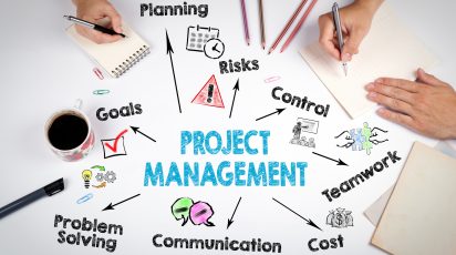project management concept. Chart with keywords and icons. The meeting at the white office table