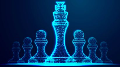 Leader success concept. queen chess figure as symbol of leadership. Successful challenge. Abstract wireframe design. From connecting dot and line. Vector Illustration